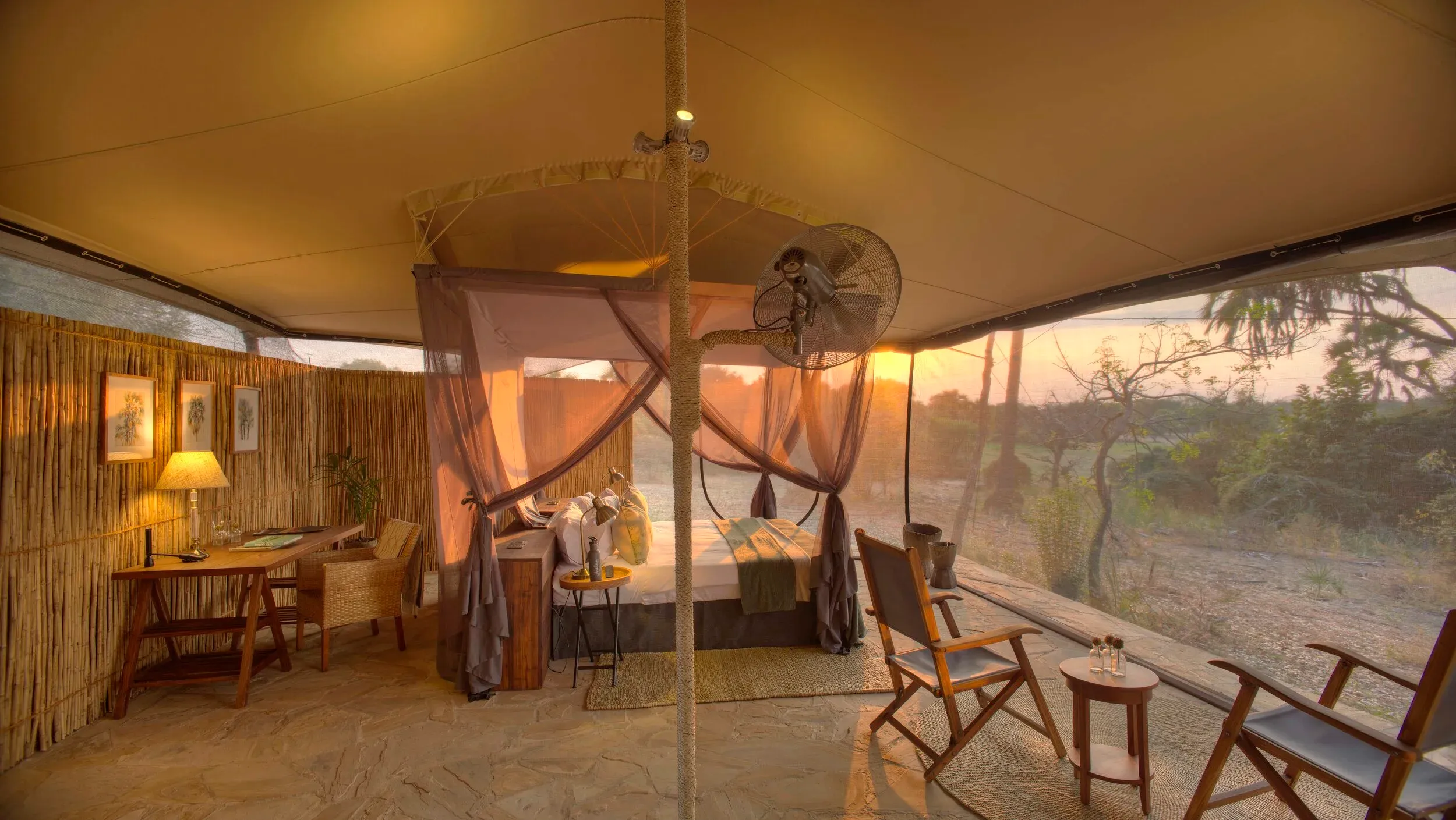 A luxury glamping camp overlooking the Rufiji delta in the Selous Game Reserve, Tanzania